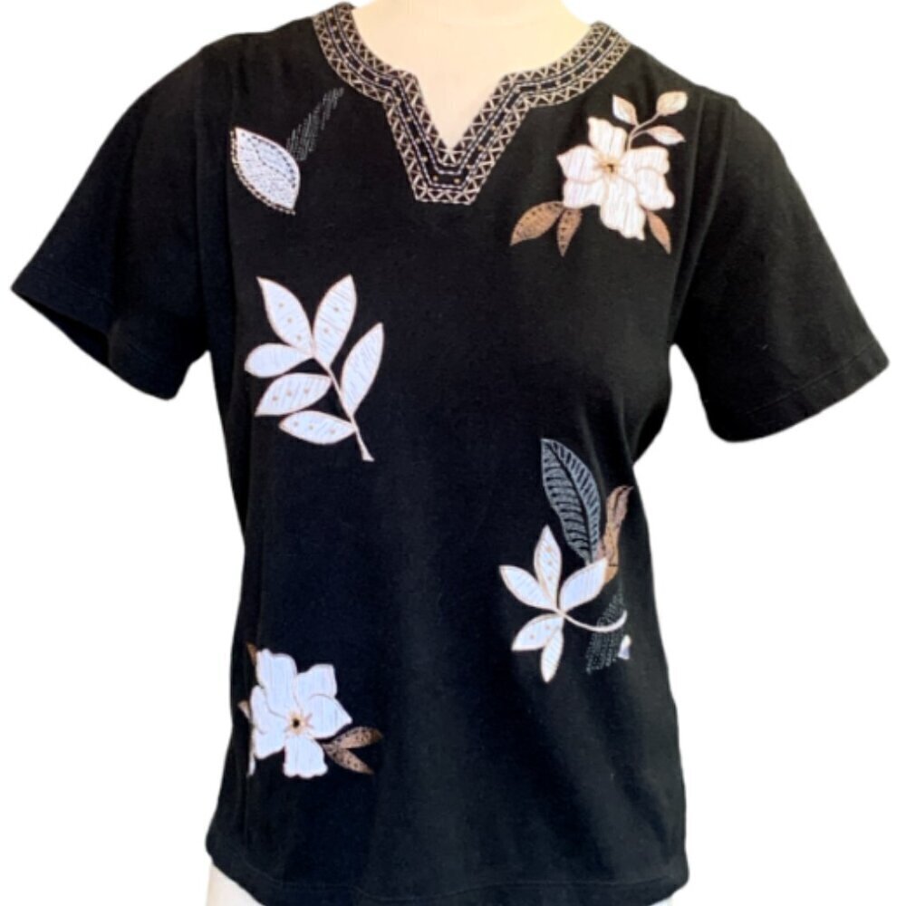Alfred Dunner Embroidered Short Sleeve Tee Top Sz S‎ Black #16E